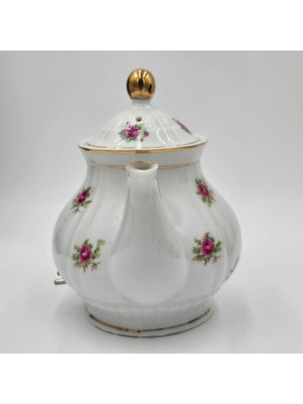 Vtg Minamiyama Seitosho Electric Teapot Rose Pattern Gold Accents Plug Included - Picture 6 of 15